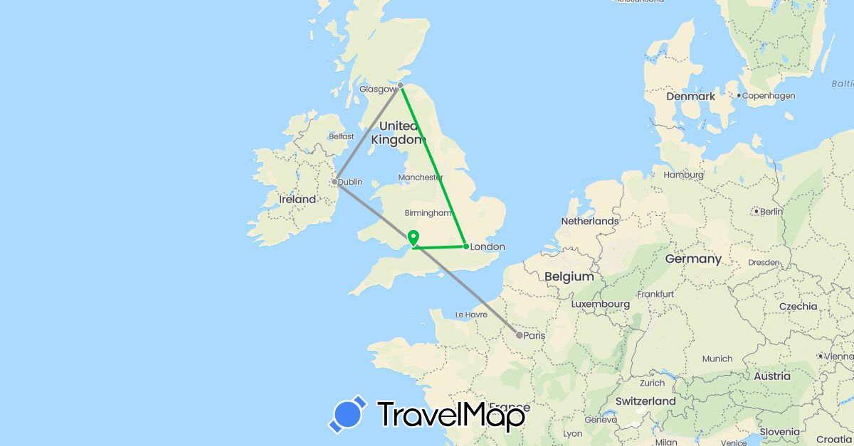 TravelMap itinerary: driving, bus, plane in France, United Kingdom, Ireland (Europe)